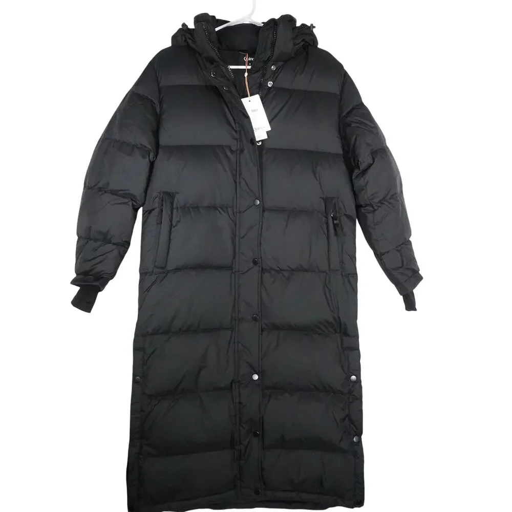 EUC Quince Women's Small Responsible Down Long Puffer Jacket Hooded Black Preppy